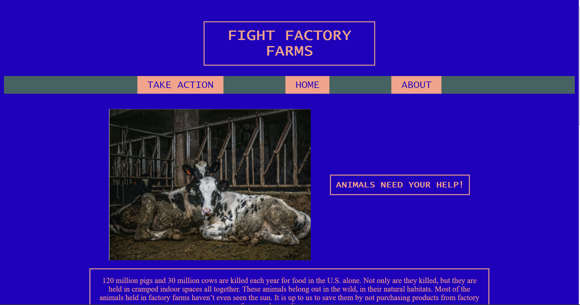 An image of my website against factory farms. The website is pink and blue with the title 'Fight Factory Farms'.