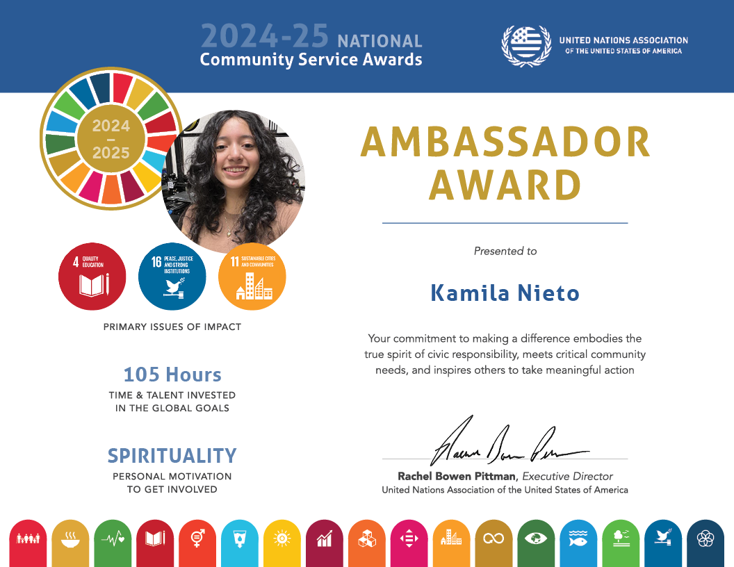 2024 to 2025 National Community Service Award for Kamila Nieto getting 105 volunteer hours