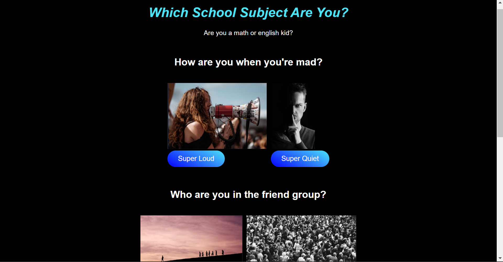 An image of the title of my quiz which reads 'Which school subject are you?' and a subtitle that reads 'Are you a math or english kid?'